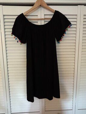Black Pom Pom Cover Up Dress Boho Beach Tunic Colorful Trim - off the shoulder
